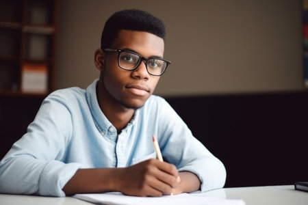education, learning and portrait of a black student in college to study for exam, created with generative aiの素材