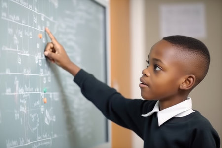 educational, black child and portrait of a student in school pointing at board for learning, created with generative aiの素材