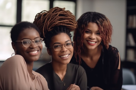 black woman, student and teacher in class with smile, happiness and education at college, created with generative aiの素材