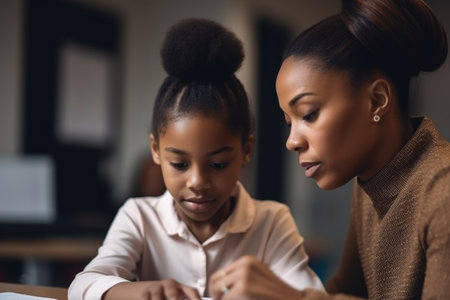 education, teaching and black woman with a student in a classroom for learning lesson, created with generative aiの素材