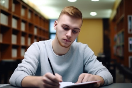 education, thinking and student with tablet for research in library on campus, created with generative aiの素材