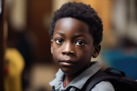 portrait, school and black student in classroom with backpack ready for learning, created with generative aiの素材