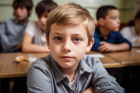 portrait of a young boy sitting with his school friends in the canteen, created with generative aiの素材