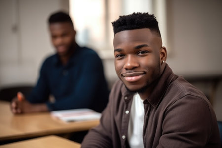 portrait, student and black man in college classroom, happy learning at university, created with generative aiの素材