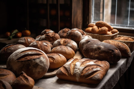 cropped shot of freshly baked bread in a bakery, created with generative aiの素材
