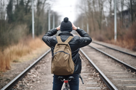 rearview shot of a man checking on his bicycle, created with generative aiの素材