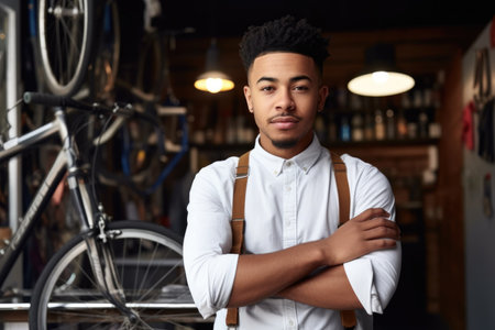 cropped shot of a handsome young man standing with his arms folded inside his bicycle repair shop, created with generative aiの素材