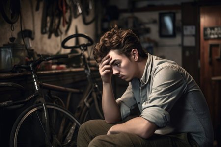 shot of a handsome young man looking stressed while working in his bicycle repair shop, created with generative aiの素材