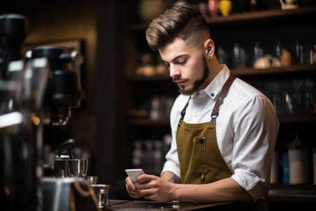 pensive young barista looking at a digital tablet, created with generative aiの素材