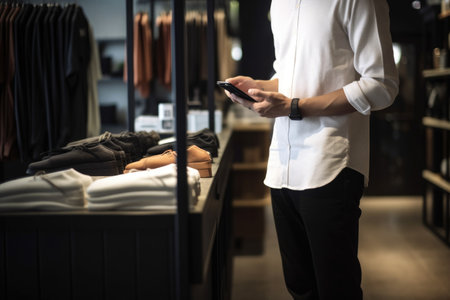 cropped image of a customer looking at his phone while standing in the shop, created with generative aiの素材