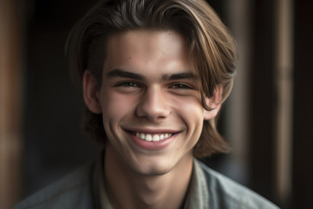 a cropped shot of a young man smiling at the camera, created with generative aiの素材