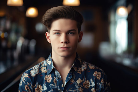 cropped shot of a handsome young man standing in his coffee shop, created with generative aiの素材