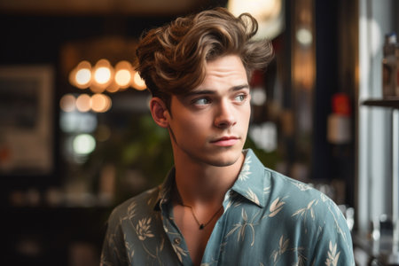 cropped shot of a handsome young man standing in his coffee shop, created with generative aiの素材