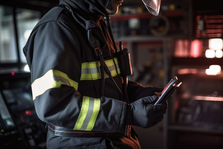 cropped shot of a firefighter using his digital tablet while standing in the station, created with generative aiの素材