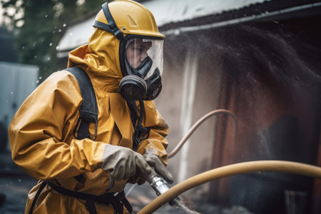 shot of a man wearing protective gear while holding a hose, created with generative aiの素材