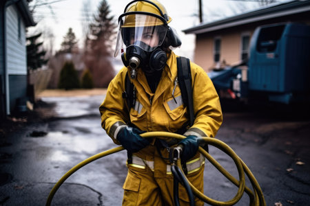 shot of a man wearing protective gear while holding a hose, created with generative aiの素材