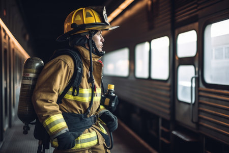 cropped shot of a firefighter on duty at the station, created with generative aiの素材