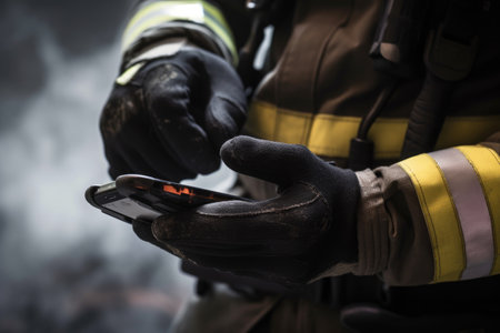 cropped shot of a firefighter using his cellphone, created with generative aiの素材