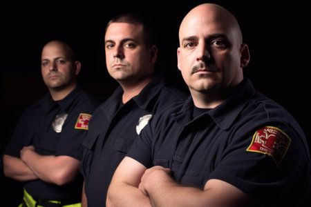 cropped portrait of a group of firefighters standing with their arms crossed, created with generative aiの素材