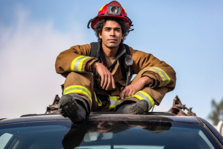 portrait of a firefighter sitting on top of the car he just rescued, created with generative aiの素材