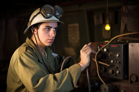 a handsome young fireman operating a radio, created with generative aiの素材
