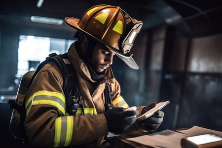 shot of a firefighter using his cellphone while going through the paperwork, created with generative aiの素材