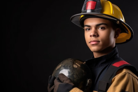 cropped portrait of a handsome young firefighter wearing his full uniform and holding his helmet, created with generative aiの素材