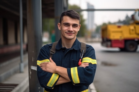 portrait of a happy young firefighter posing with his arms folded outside, created with generative aiの素材