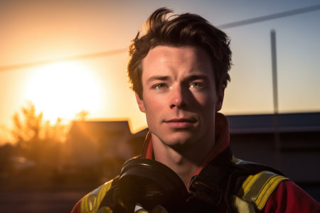 portrait of a young firefighter in full gear with the sun behind him, created with generative aiの素材