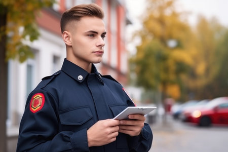 cropped shot of a handsome young firefighter using his tablet while standing outside, created with generative aiの素材