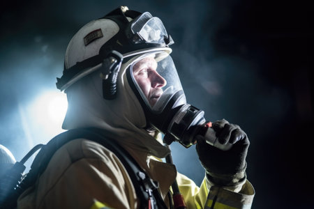 shot of a firefighter holding an oxygen tank above his head and taking a break from fighting the blaze, created with generative aiの素材