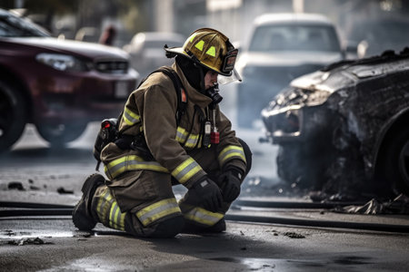 shot of a male firefighter working at an accident scene, created with generative aiの素材