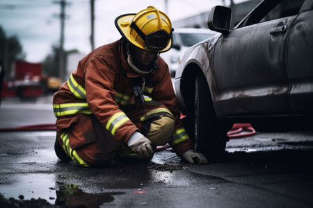 shot of a male firefighter working at an accident scene, created with generative aiの素材