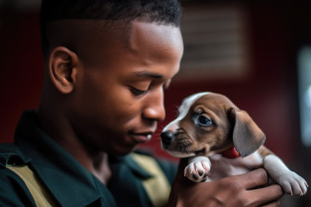 cropped shot of a firefighter playing with his puppy, created with generative aiの素材