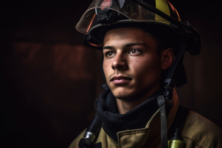 portrait of a young firefighter wearing his gear, created with generative aiの素材
