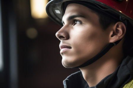 portrait of a young firefighter looking out into the distance, created with generative aiの素材