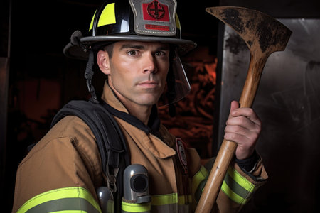 shot of a firefighter holding an axe and wearing a helmet, created with generative aiの素材