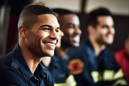 shot of a handsome firefighter sitting and smiling with his colleagues, created with generative aiの素材