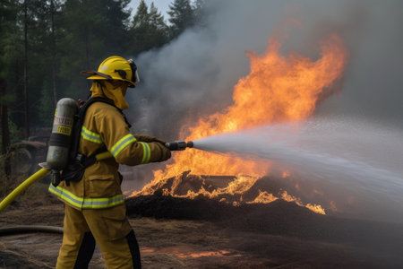a firefighter spraying water on a fire outside, created with generative aiの素材