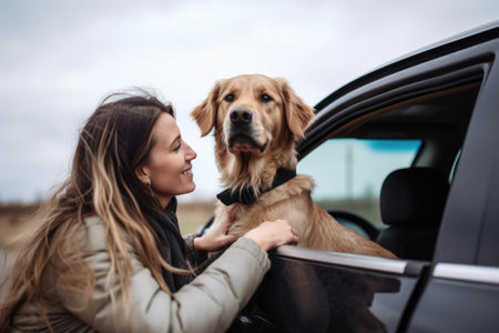 shot of a pet owner putting her dog into the car, created with generative aiの素材