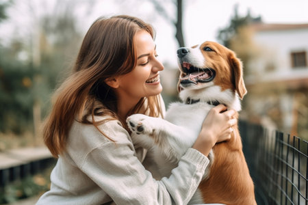 shot of a young woman holding her dog for the first time, created with generative aiの素材