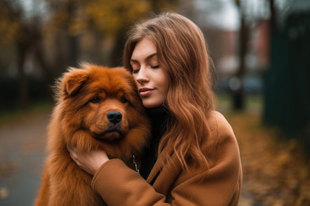 shot of a young woman holding her dog outside, created with generative aiの素材