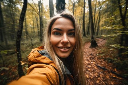 shot of a young woman taking a selfie while exploring the outdoors, created with generative aiの素材