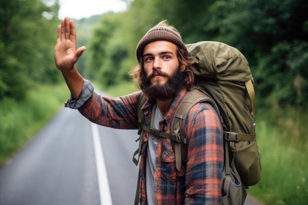 shot of a young man hitchhiking in nature, created with generative aiの素材