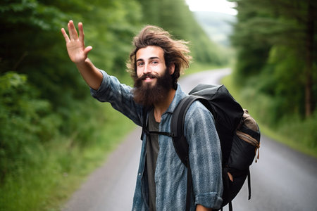 shot of a young man hitchhiking in nature, created with generative aiの素材
