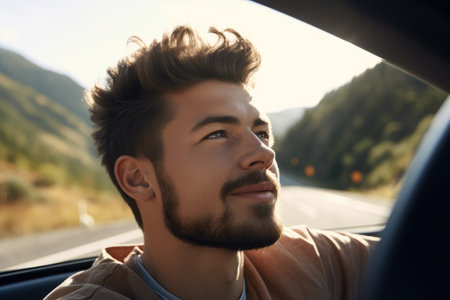 shot of a young man enjoying a scenic mountain drive, created with generative aiの素材