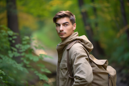 portrait of a handsome young travel standing in nature with his bag around him, created with generative aiの素材