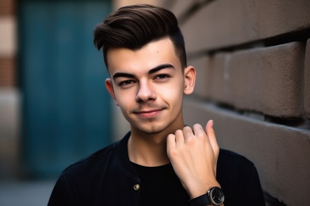 portrait of a handsome young man making the peace gesture while standing against a wall outdoors, created with generative aiの素材