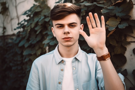 portrait of a handsome young man making the peace gesture while standing against a wall outdoors, created with generative aiの素材