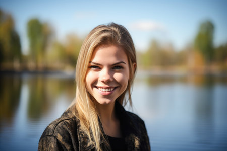 an attractive young woman smiling at the camera while standing in front of a lake, created with generative aiの素材